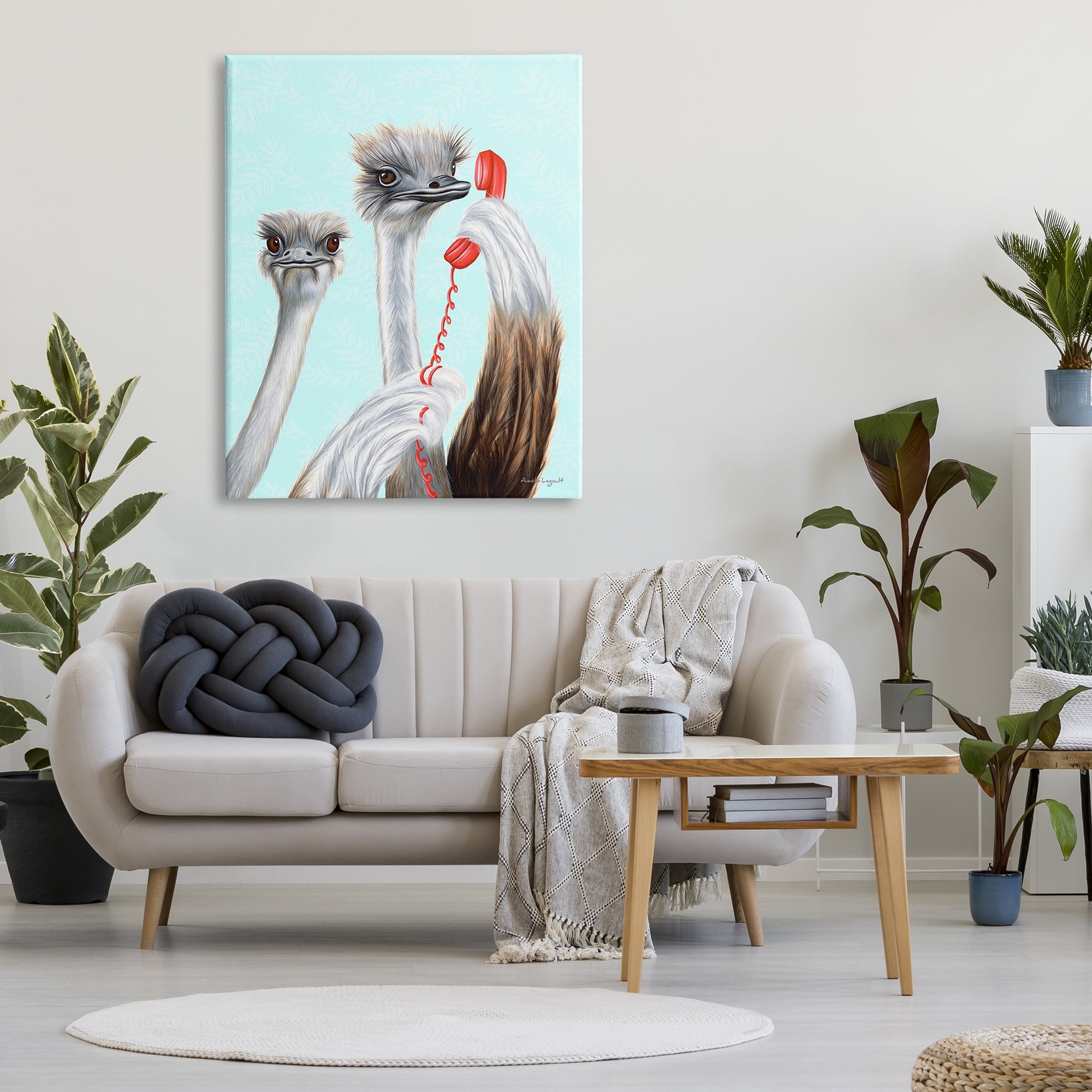 Stupell Industries Detailed Ostrich Birds Talking Red Cord Telephone Graphic Art Gallery Wrapped Canvas Print Wall Art, Design by Amelie Legault