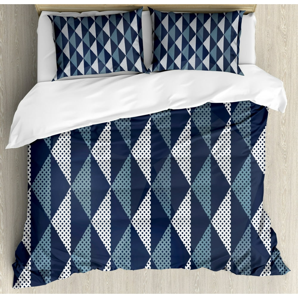 Geometric Queen Size Duvet Cover Set, Rhombuses and Dots Composition of