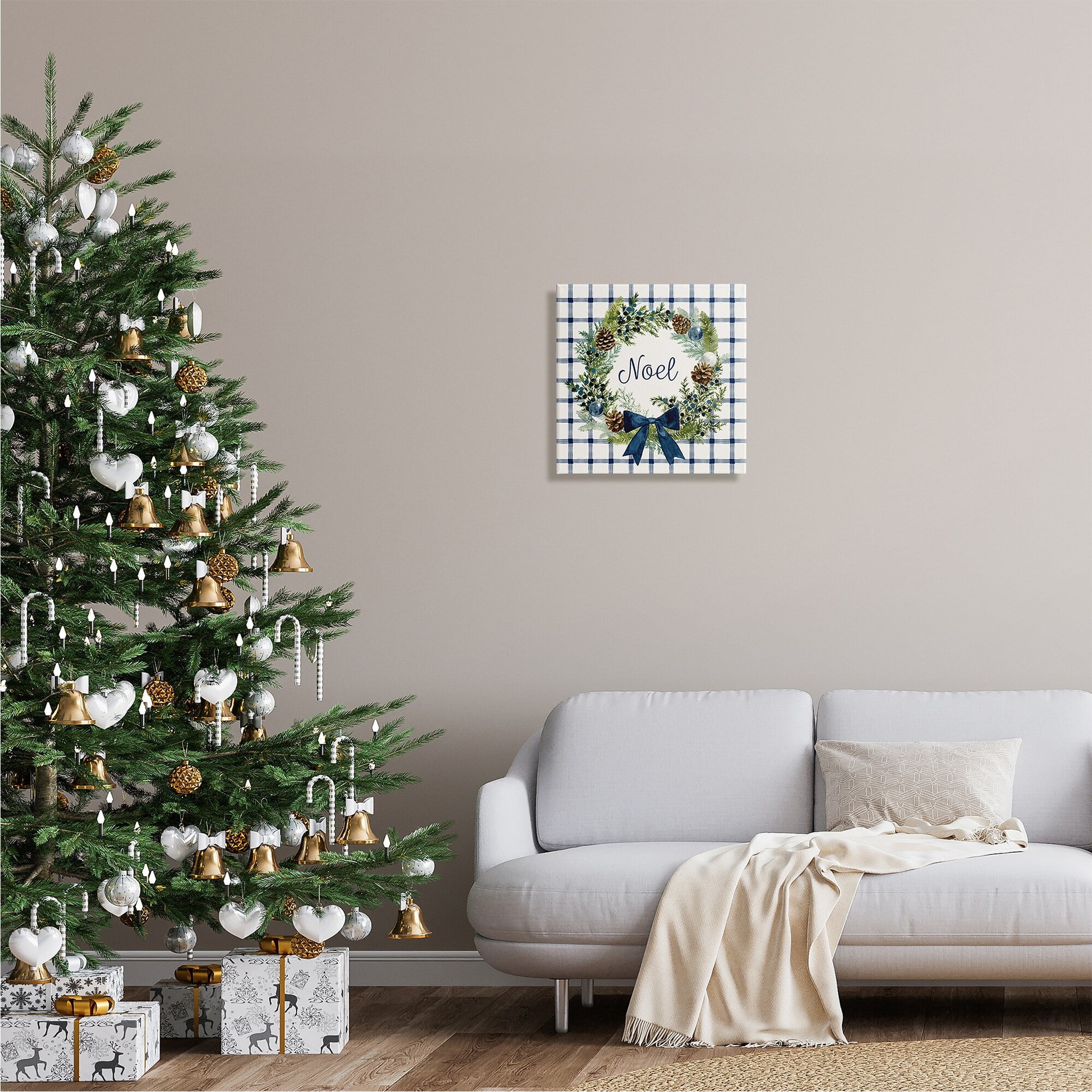 Stupell Industries Winter Noel Sentiment Pinecone Wreath Blue Plaid, 24 x 24,Design by Victoria Barnes