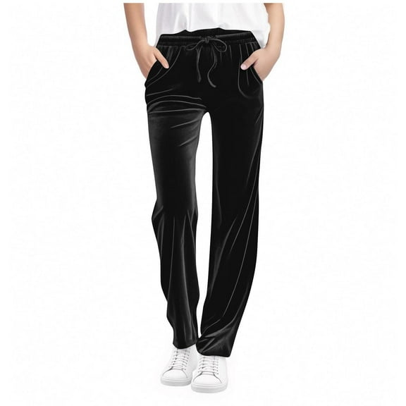 Girls Velour Pants Soft Stretchy Straight Leg Sweatpants Athletic Track Casual Loungewear Trousers with Pockets Leggings Toddler Girl Black 5Y