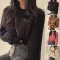 thumbnail image 2 of Autumn Winter Knitting Tops Round Neck Puff Long Sleeve Solid Color Loose Fit Casual Top Ribbed Trim Pullover Sweater, 2 of 8