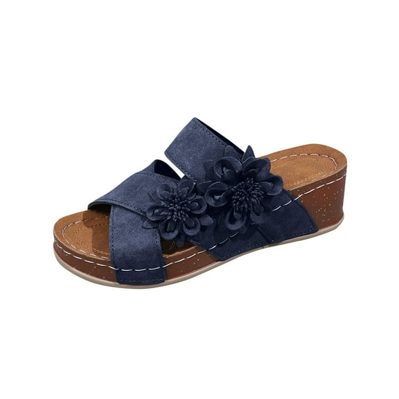LOVZFMLL Women's Wedge Platform Sandals Summer Strappy Open Toe Dressy Slide Sandals Comfortable Walking Floral Slippers Blue 5.5