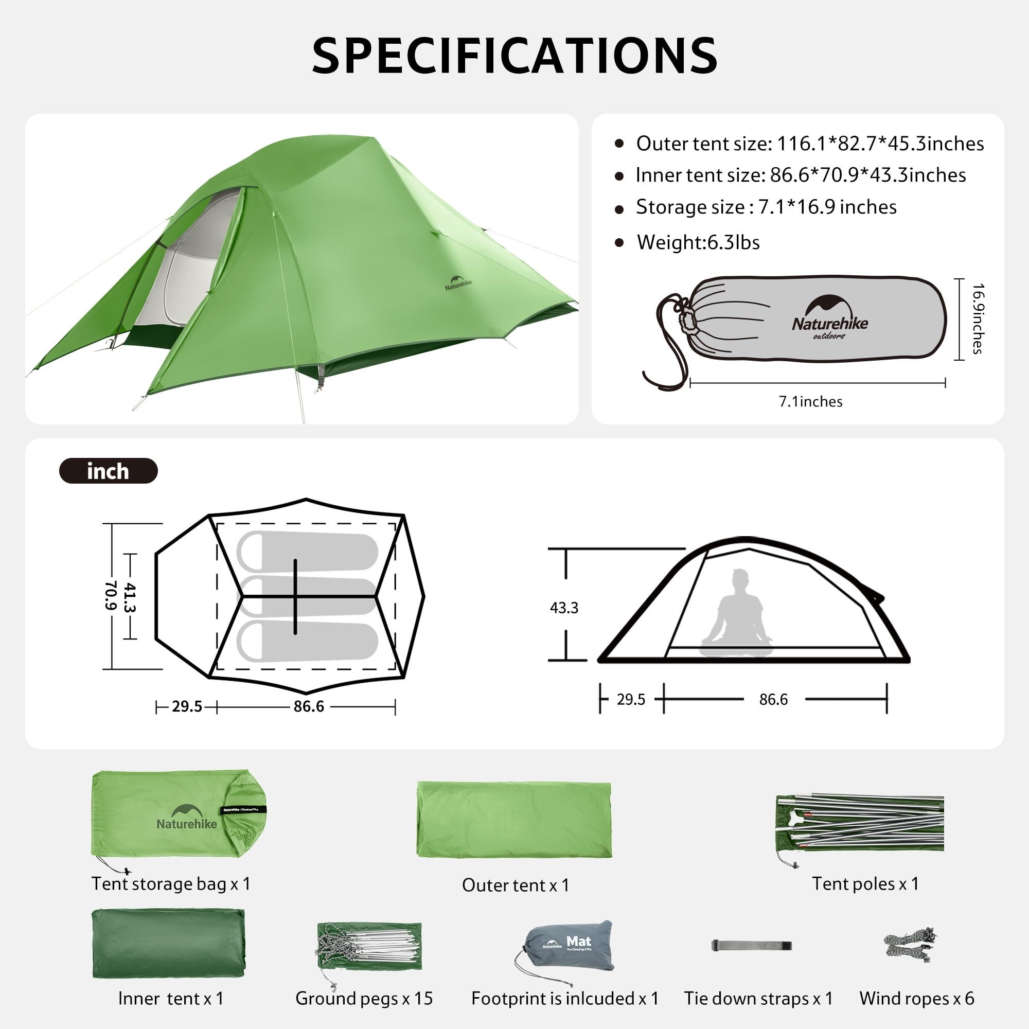 Naturehike Cloud-Up 2 Person Tent Lightweight Backpacking Tent with Footprint - Free Standing Ultralight Camping Hiking Backpack Tents Two Person Tent