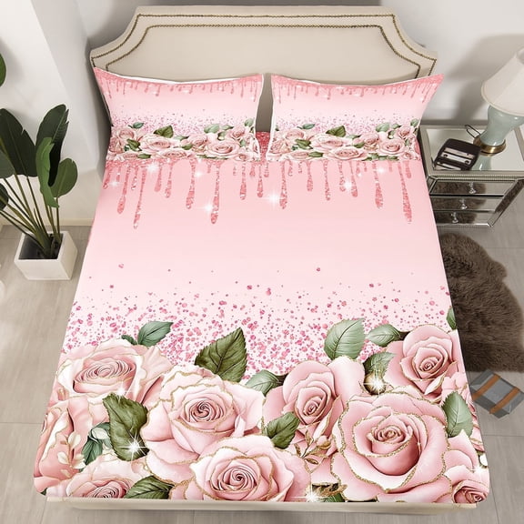 Pink Rose Fitted Sheet Diamond Crystal Fluid Art Bed Sheets,Abstract Ombre Sheets Queen Size Bed Set Romantic Garden Flowers Bedding Set,Boho Floral Bohemian Decor(No Top Sheet)