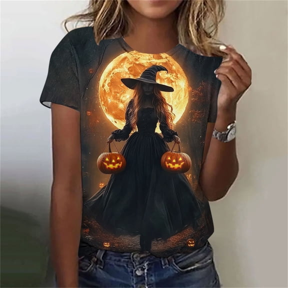XUNKUSGA Womens Halloween Printed T Shirts Casual Loose Crewneck Short Sleeve Tops for Women Trendy Halloween Graphic Tee for Women S