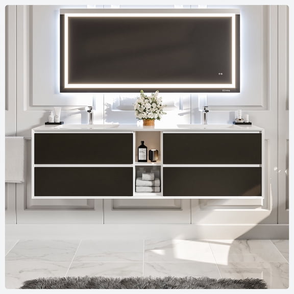 EVIVA Vienna 75 Inch Black Wood White Bathroom Vanity