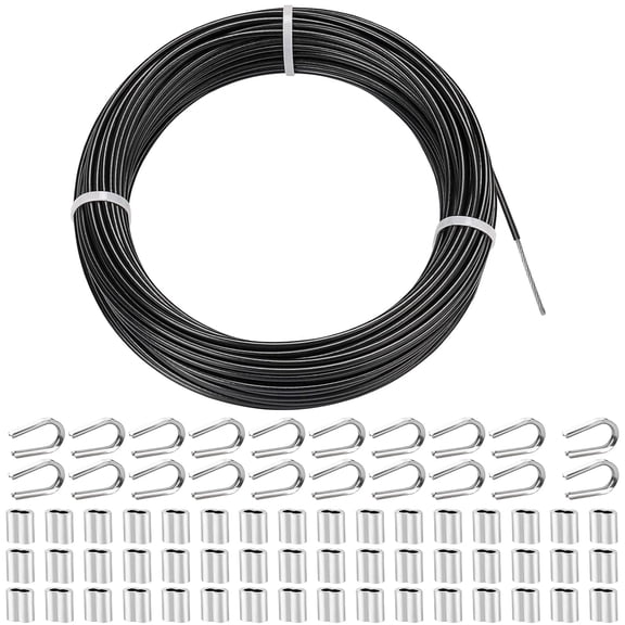 Tootaci 1/8 Black Vinyl Coated Cable, 100ft Stainless Steel Wire Ropewith Sleeve and Thimble for Clothesline, String Light Hanging, Shade Sail,Curtain
