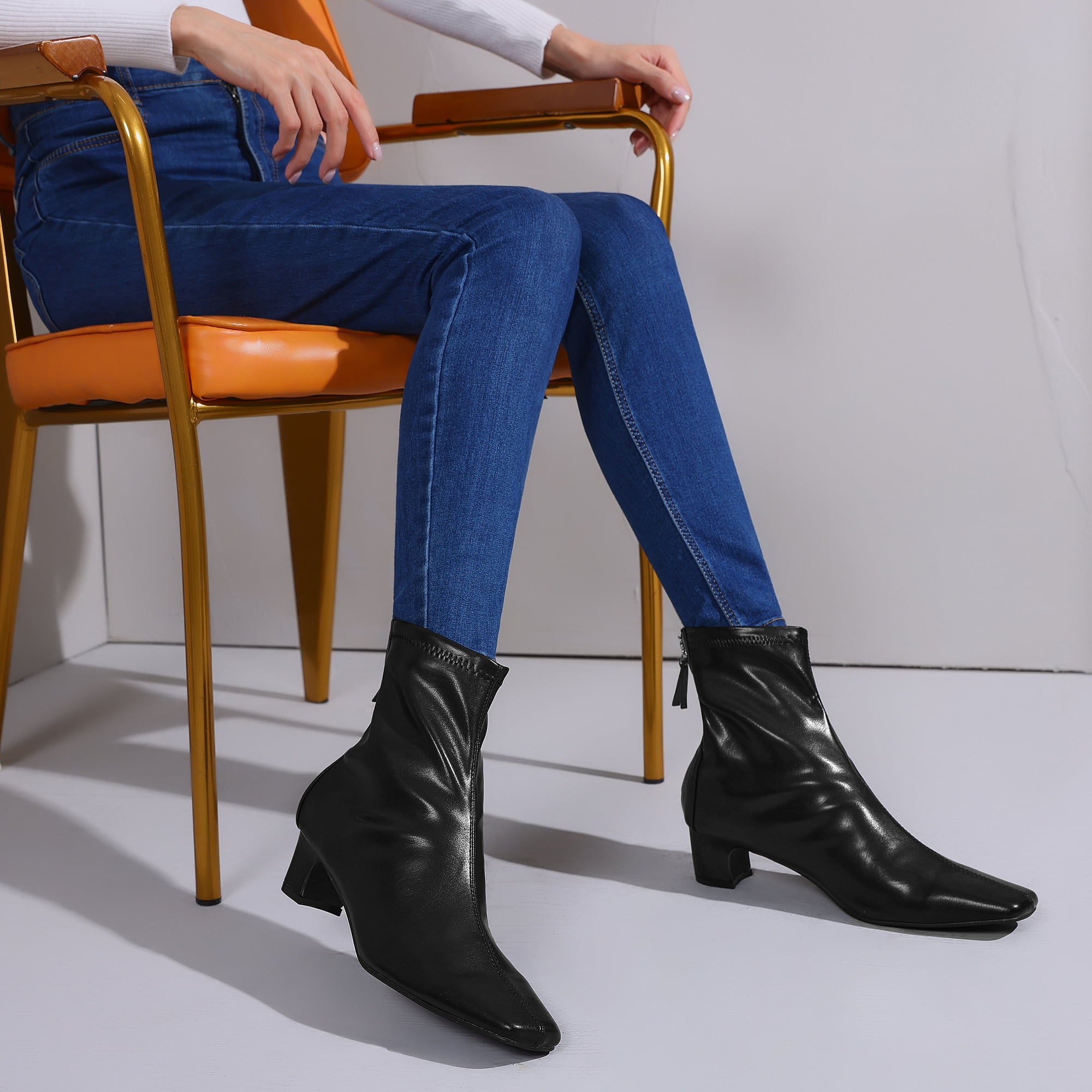 DARING DIVA Square Toe Block Heels Ankle Boots Black 7.5