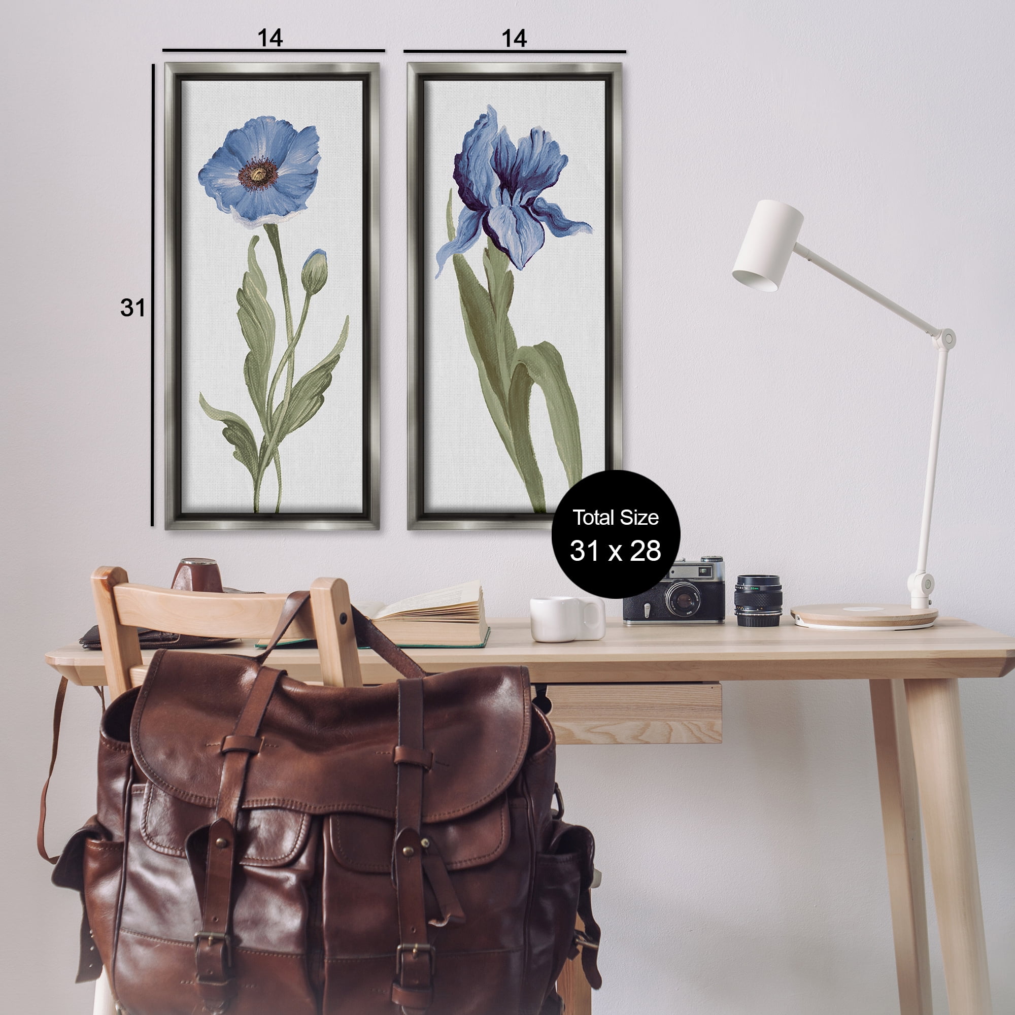 Stupell Industries Blue Poppy and Iris Flowers Plants & Flowers Painting Gray Floater Framed Canvas Art Print Wall Art, 14 x 31, Set of 2