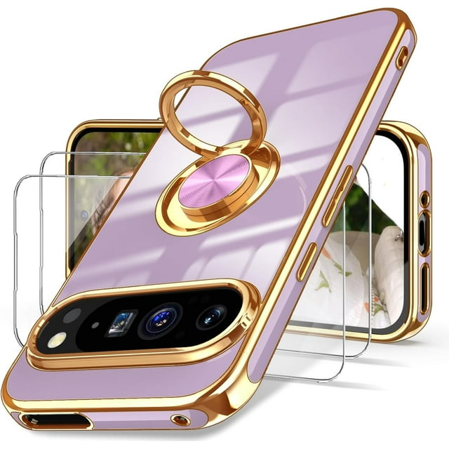 KOMI for Google Pixel 9 Case,Pixel 9 Pro Case with 2X Screen Protector, 360° Rotatable Ring Holder Magnetic Kickstand,Plated Gold Edge Slim Soft TPU Protective Cover for Google 9 (Deep Purple)