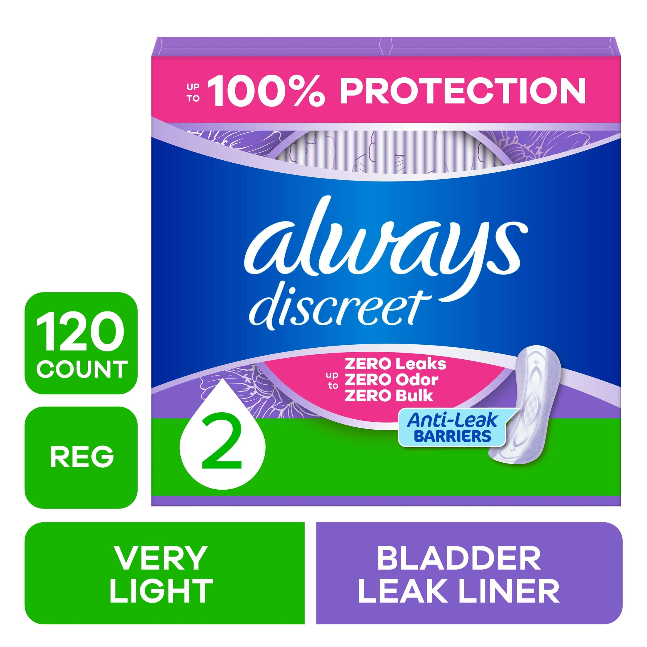 (3 pack) Always Discreet Incontinence Panty Liners for Bladder Leaks, Size 2, Very Light Absorbency, 120 count