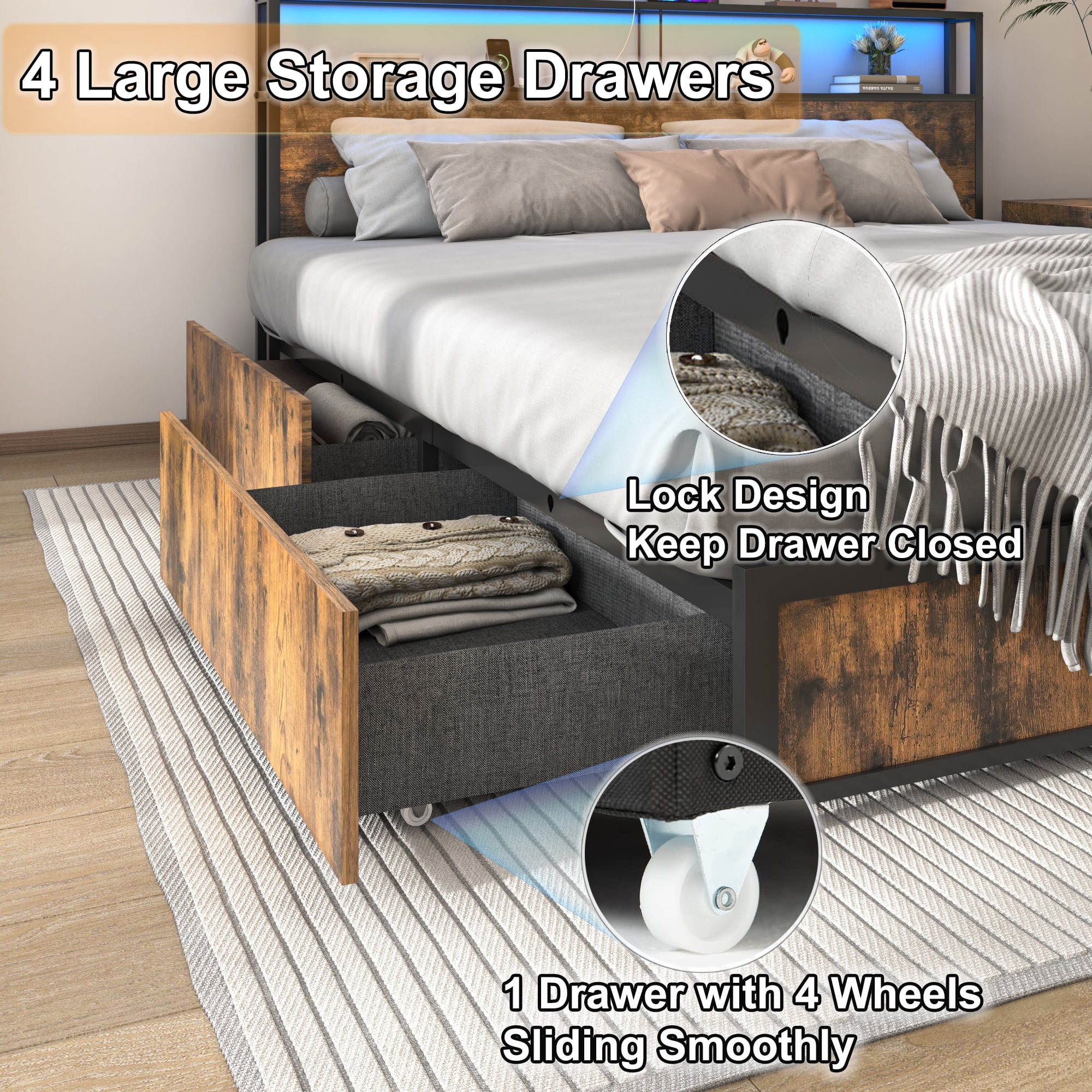 LED Full Size Shelf Bed Frame with Storage, 4 Drawers, USB Ports, Industrial Wood & Metal, Brown  (图4)