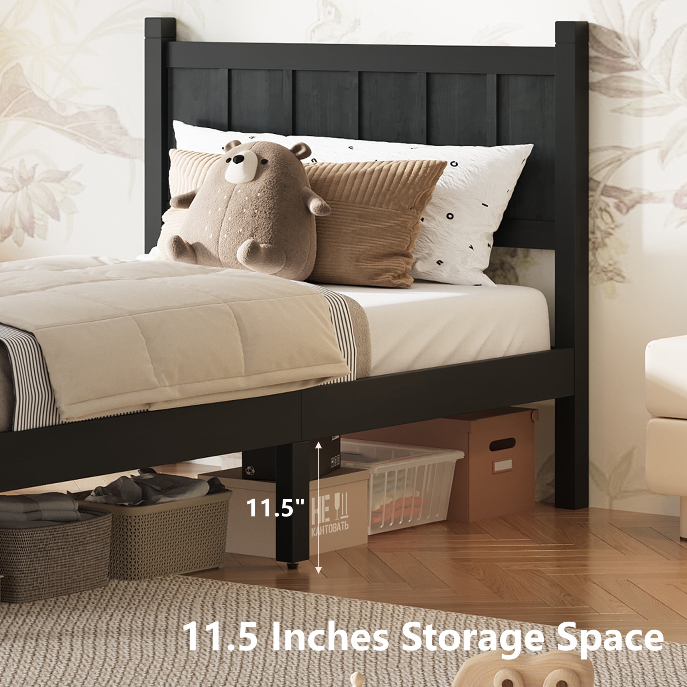 Noble House Twin Platform Bed with Headboard and Footboard, Wood Frame, Black