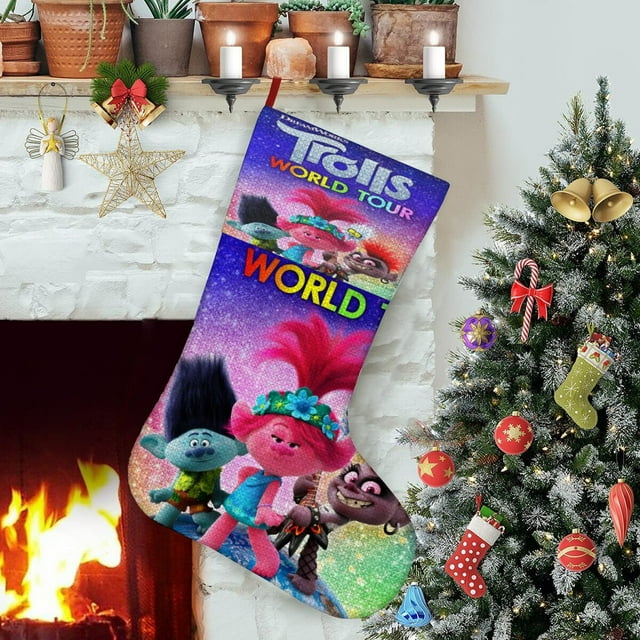 Trolls Tema: Calcetines de Navidad, fino lino blanco para colgar en escaleras y chimenea, decoración navideña para el hogar, regalo de Navidad. 54cm × 38cm