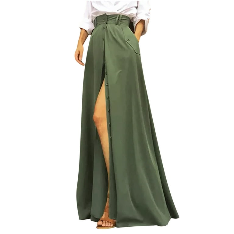 Yuwull Women s Maxi Skirts Solid Color Button down Skirts with