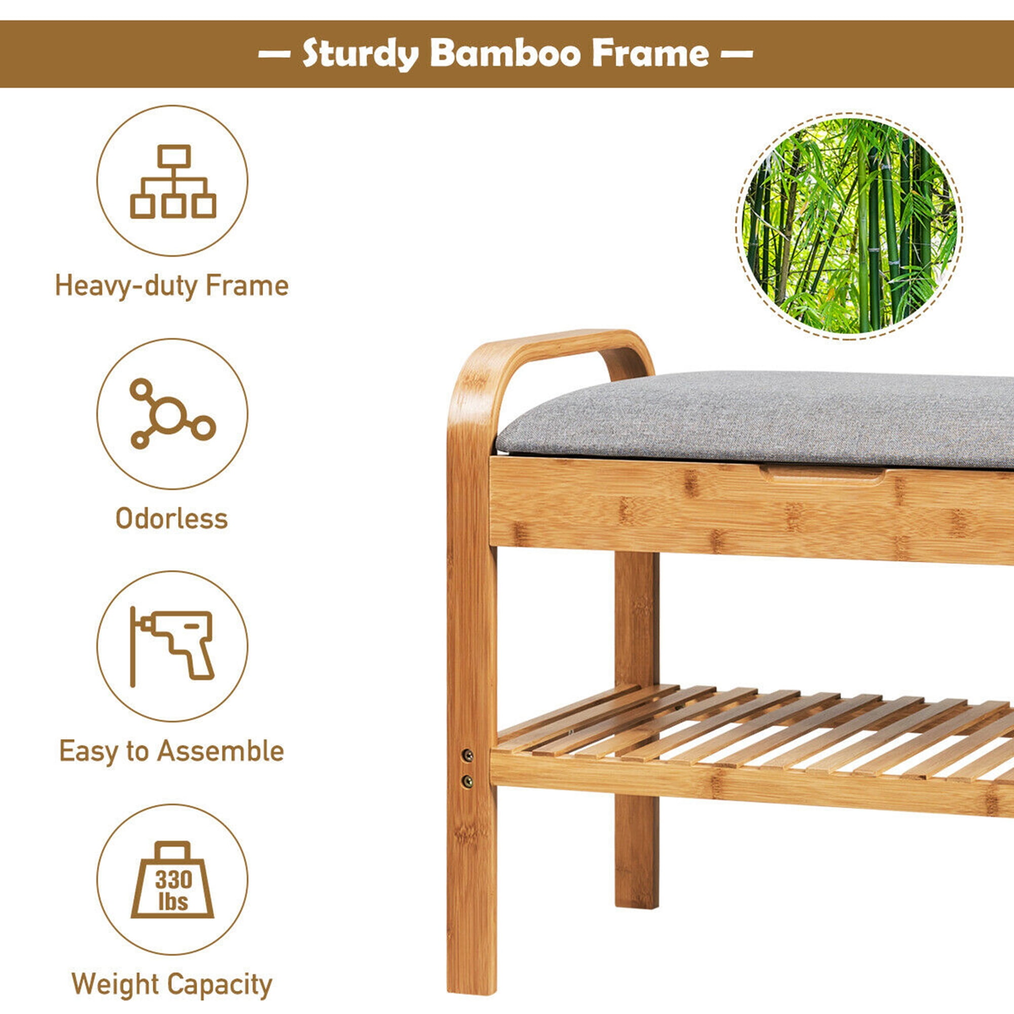 Gymax 1-Tier Cushioned Seat and Shoe Storage Bench, Bamboo, Linen and Wood, Brown and Gray