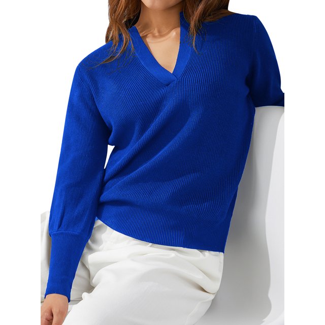 VISgogo Jersey de punto de otoño invierno para mujer Color sólido Manga larga Solapa Corte en V Suéter VISgogo moda