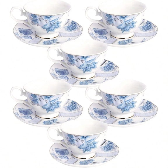 Floral Coffee Cups Set of 6 5 oz Porcelain Cappuccino Cups with Saucers Tea Cup for Birthday Wedding Party Blue