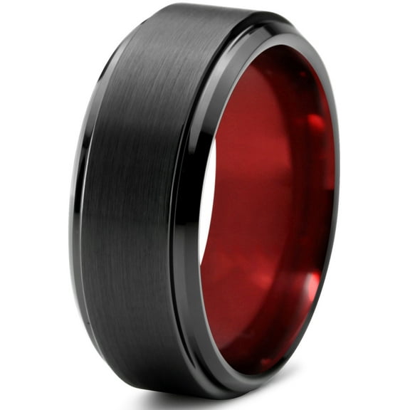 P. Manoukian Tungsten Wedding Band Ring 8mm for Men Women Red Black Beveled Edge Brushed Polished Lifetime Guarantee Size 5