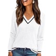 thumbnail image 2 of Womens Color Block Long Sleeve Shirt Fall Tops Fashion Outfits Dressy Casual V Neck Tunic Cute Clothes Sweater Trendy White L, 2 of 5