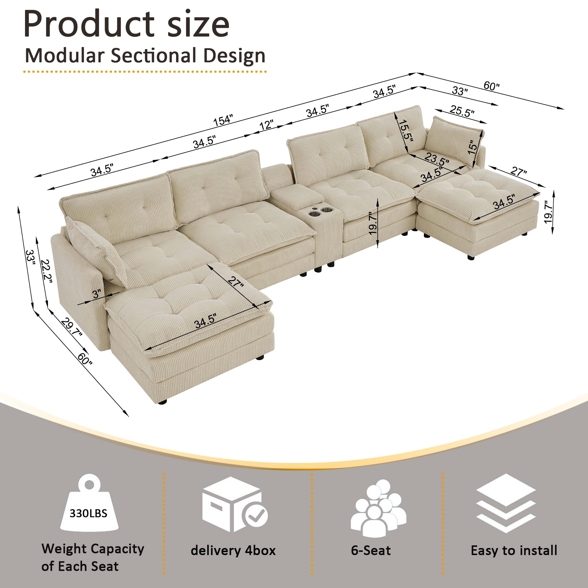Gewnee 154" U-Shaped Sectional Sofa,Modern Corduroy Modular Sofa Couch with Storage Function,USB &Cup Holders,Movable Ottoman Sectional Couch for Living Room,Beige