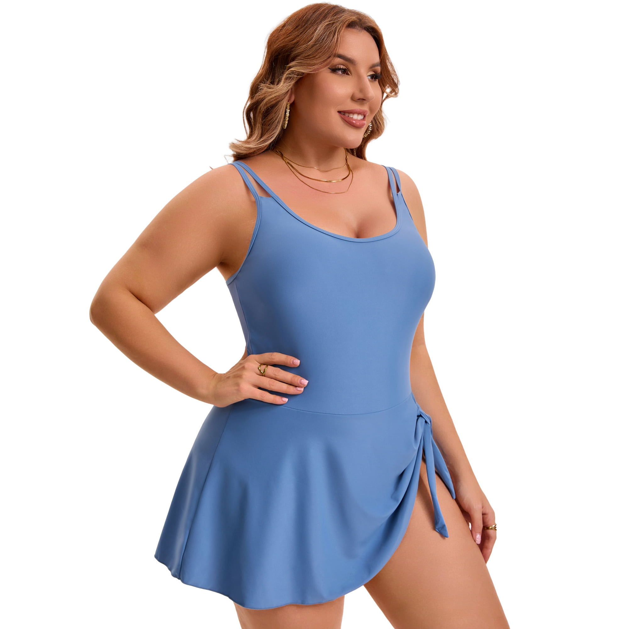 DARING DIVA Women's Plus 1 Piece Tummy Control Push Swimdress 1X Blue