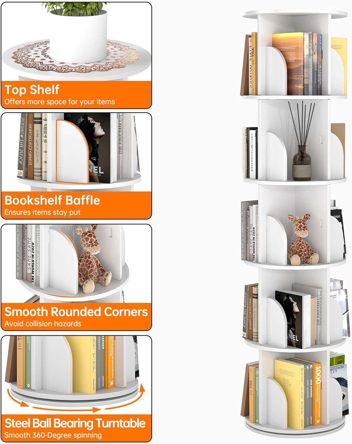 Rotating Bookshelf 5 Tier, 360 Degree Spinning Corner Bookcase with Lazy Susan, White Space Saving Tower Organizer for Small Spaces, Bedroom, Living Room, Adults