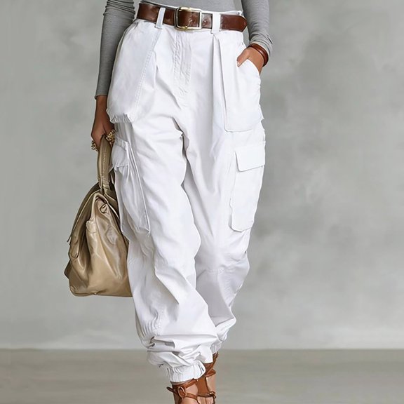 Karymi Athletic Shorts for Women Pleated Cargo Jogger Pants, Solid Wide Leg Long Trousers, Multi Large Flap Side Pockets, Elastic Cuffed Ankle Hem (Belt Not Included) Wide Leg Pants Woman