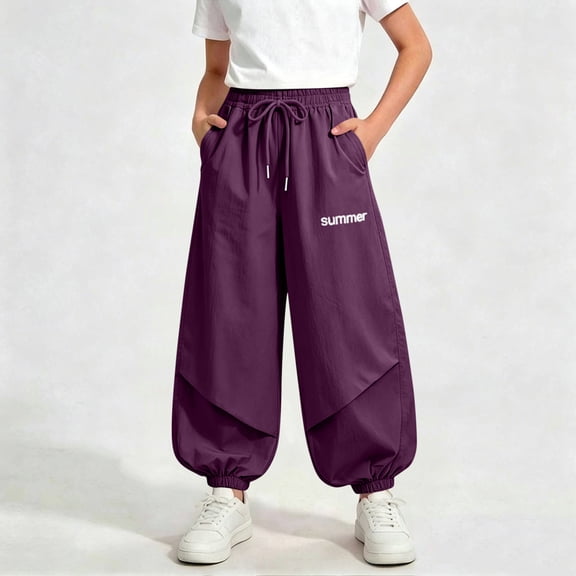 Girls Parachute Pants, Elastic Waist Drawstring Jogger Trousers With Letter Print, Casual Y2K Style Pants Purple 2-3 Years