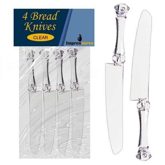 Impresserve [4-Pack] Disposable Clear Plastic Bread Knife – Heavy-Duty Slicer for Baguettes, Bagels, Rolls, and More