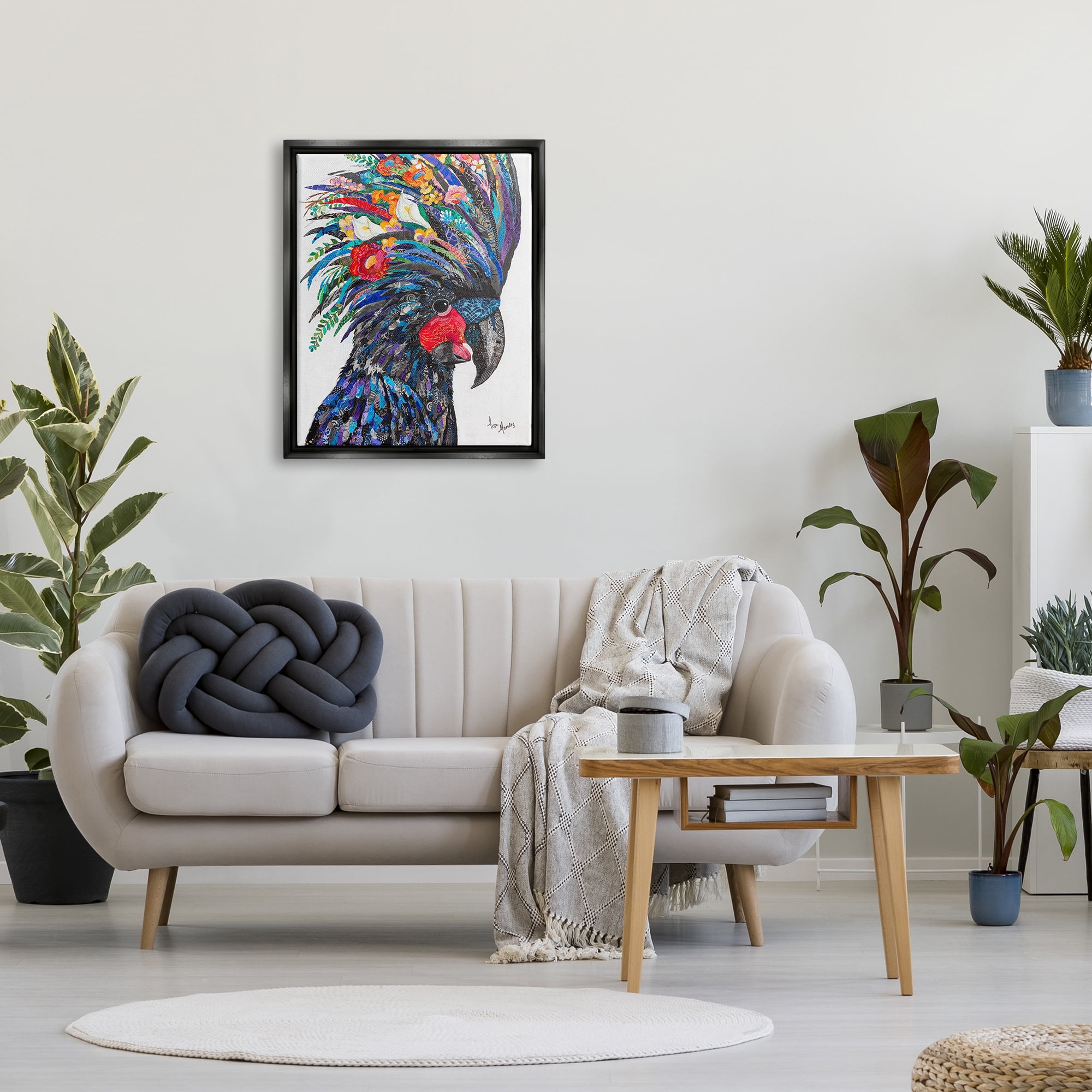 Stupell Industries Black Palm Cockatoo Bird Floral Pattern Collage Painting Jet Black Floating Framed Canvas Print Wall Art, Design by Lisa Morales