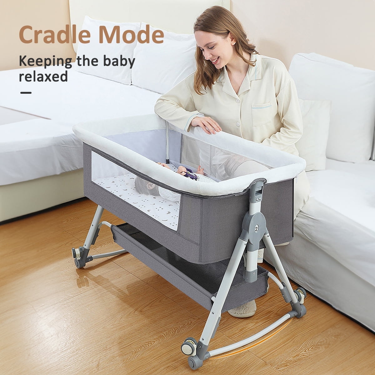 JieC 5-in-1 Baby Bassinet with Wheel,Adjustable Height Infant Bedside Crib with Diaper Table & Mosquito Net, Gray