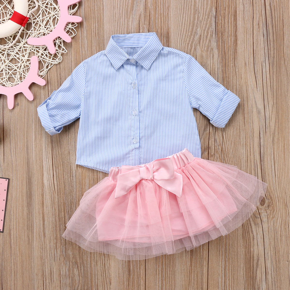 2pcs Baby Girl Kid Ruffled Sleeve Striped T-Shirt+Tulle Tutu Bow Skirt Set Outfits Clothes 