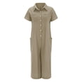 thumbnail image 4 of Women Linen Button Down Long Sleeve Wide Leg Jumpsuit Beach Palazzo Fashion Pants, 4 of 5