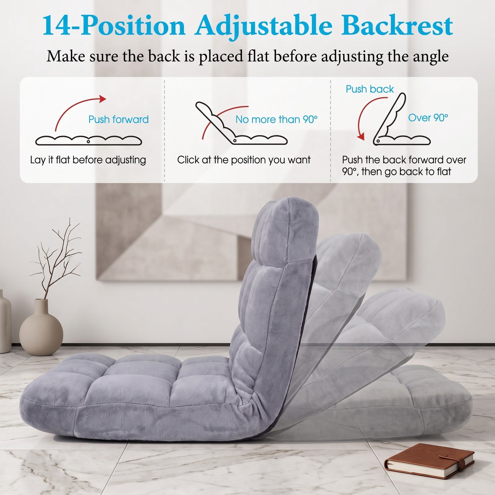 Furnibear 14-Position Adjustable Cushioned Floor Chair, Padded Folding Lazy Sofa Gaming Chair with Steel Frame Back Support for Living Room Bedroom Reading, Light Gray