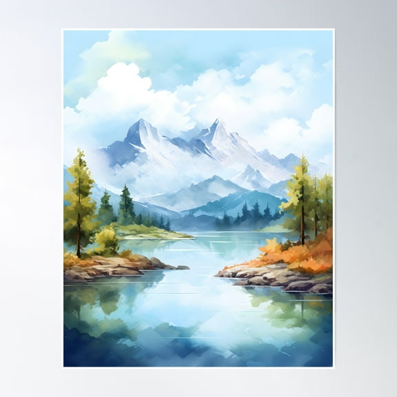 Mountain Lake Dreamscape | Watercolor Landscape Canvas Poster Wall Art, Modern Wall Decor, 8x12 UNFRAMED