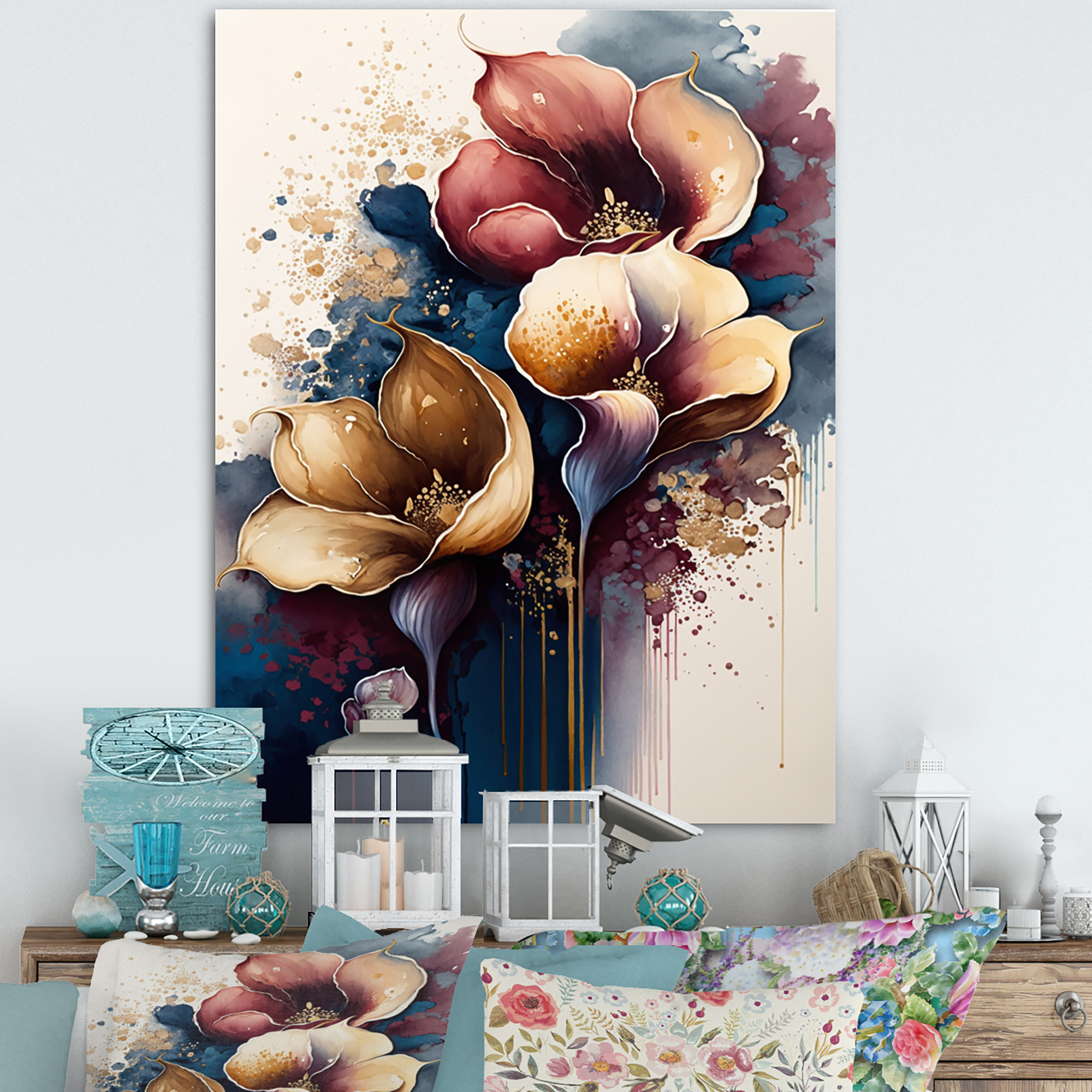 Designart Blue And Burgundy Cally Lily Bouquet IV Canvas Wall Art