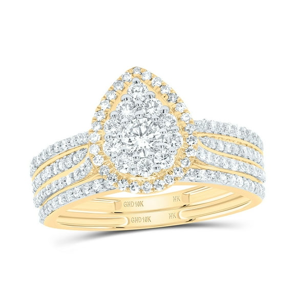 10Kt Yellow Gold 7/8Ctw Natural Diamond Nk Pear Single Halo Bridal Set, Size 5