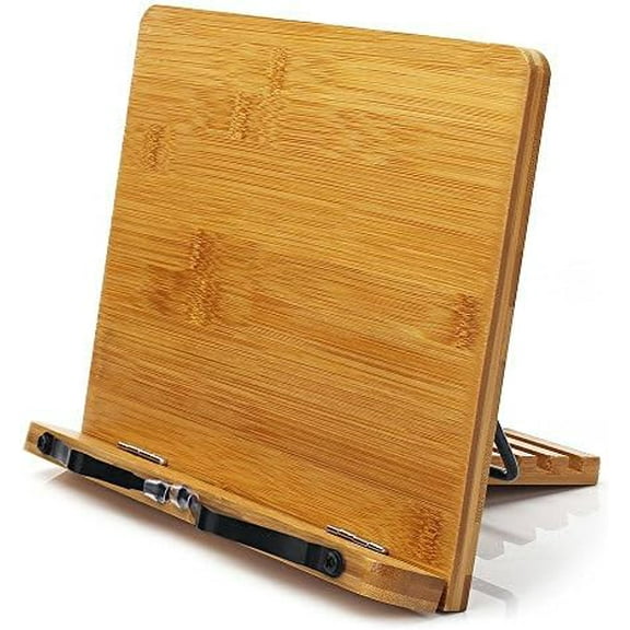 Bamboo Book Stand, Adjustable Book Holder Tray and Page Paper Clips-Cookbook Reading Desk Portable Stable Hard-Wearing Lightweight Bookstand-Textbooks Books