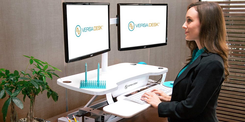 VERSADESK Power Pro Electric Height Adjustable Desk Riser – Sit to Stand Desktop Converter with Keyboard + Mouse Tray, Steel Frame | 36" x 24" (White)