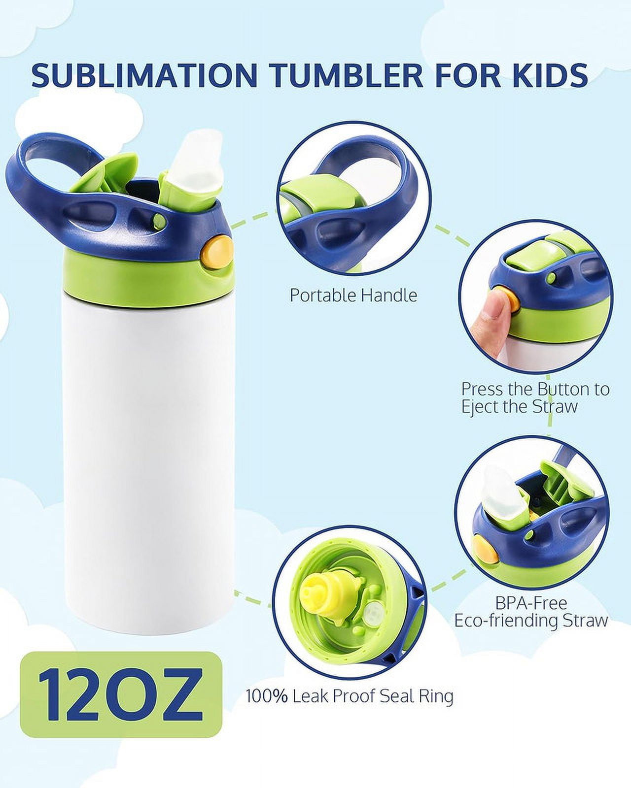 AGH 30 Pack 12 OZ Kids sublimation tumbler Blank with One-Click Pop Up Straw Lid, Sublimation Sippy Cup Kids,Skinny Straight Stainless Steel Sublimation Sports Sippy Cup for Milk, Soda, Juice