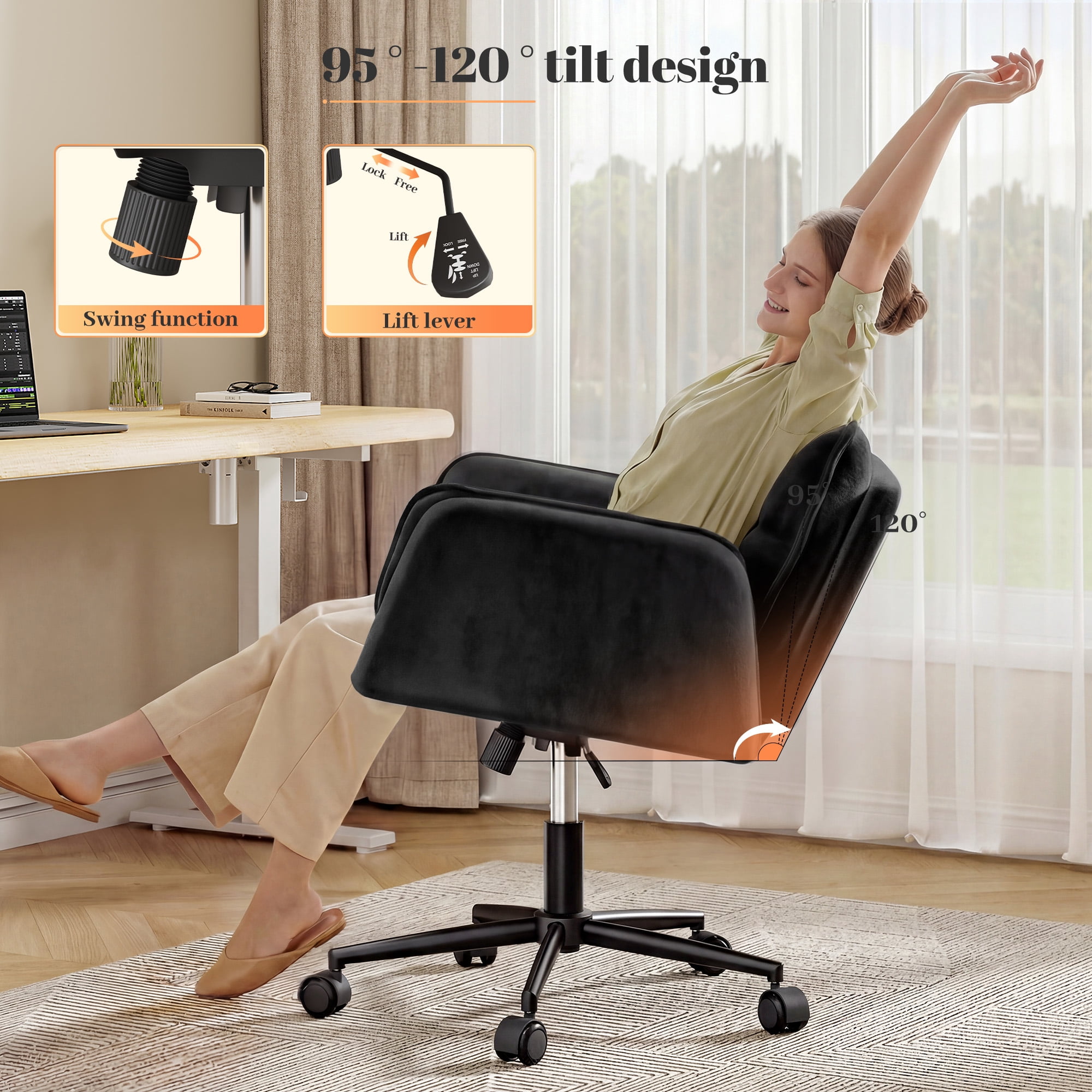Romorgniz Criss Cross Chair with Wheels Plush Fleece Vanity Chair with 5-Gear Adjustable Armrests Ergonomic Office Chair for Home Office, Black