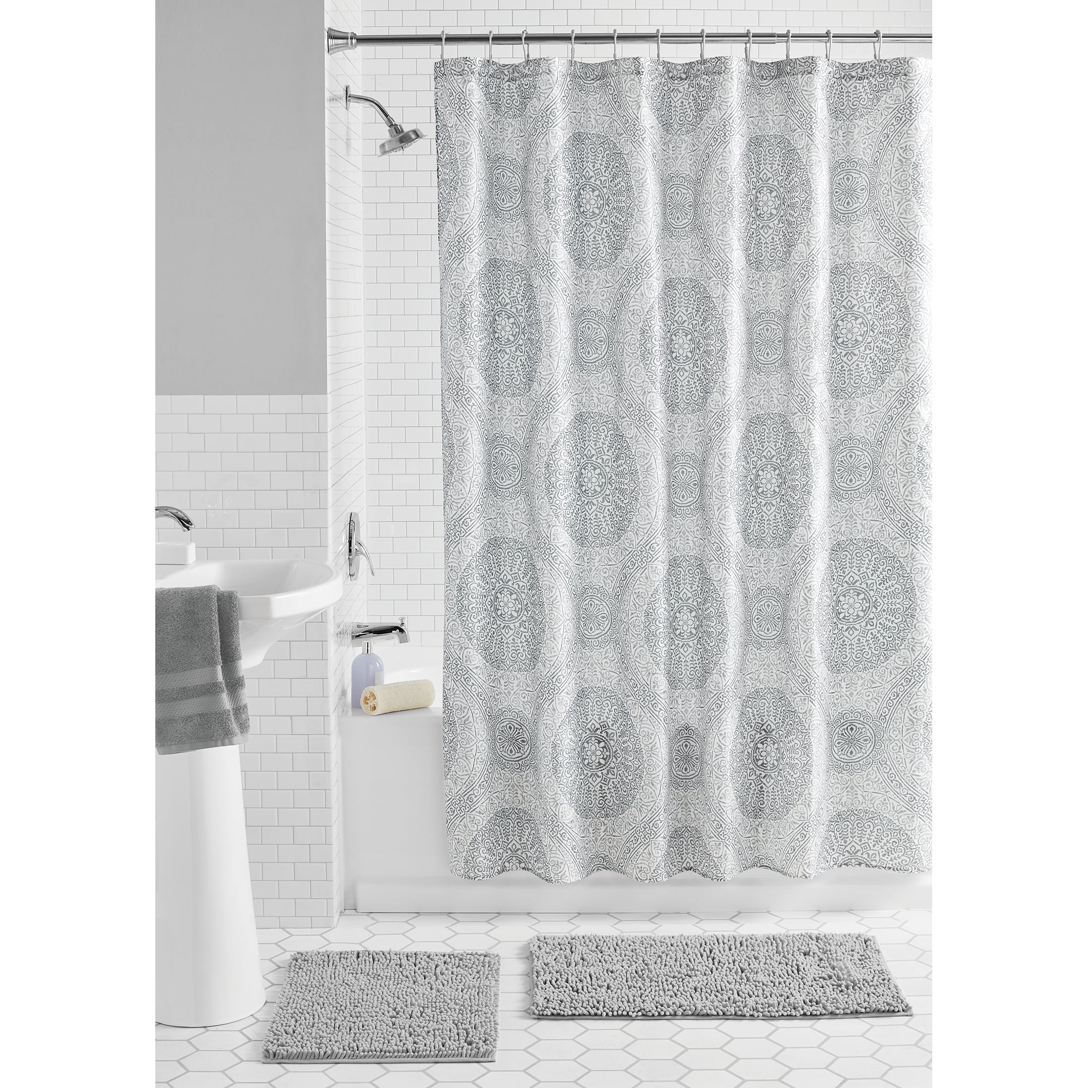 Mainstays Medallion 15-Piece Medallion Polyester Shower Curtain Set, Silver