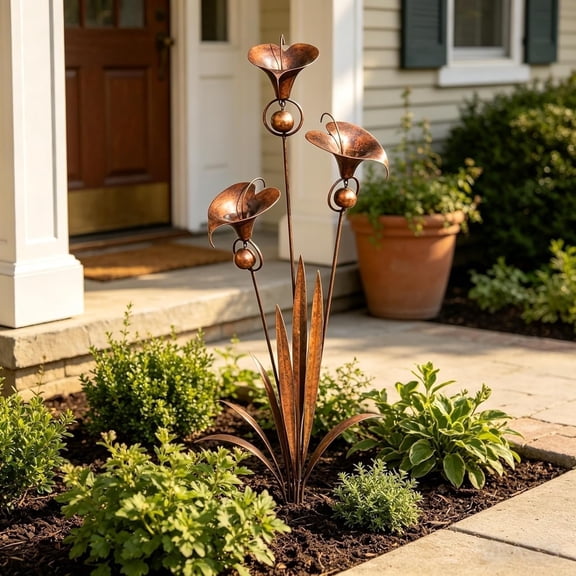 Rongyun Flamed Copper Three Calla Lilies Garden Stake with Bells, Handcrafted Metal Flower Yard Art Decor, Weather Resistant Outdoor Wind Chime Stake for Patio, Lawn, Garden
