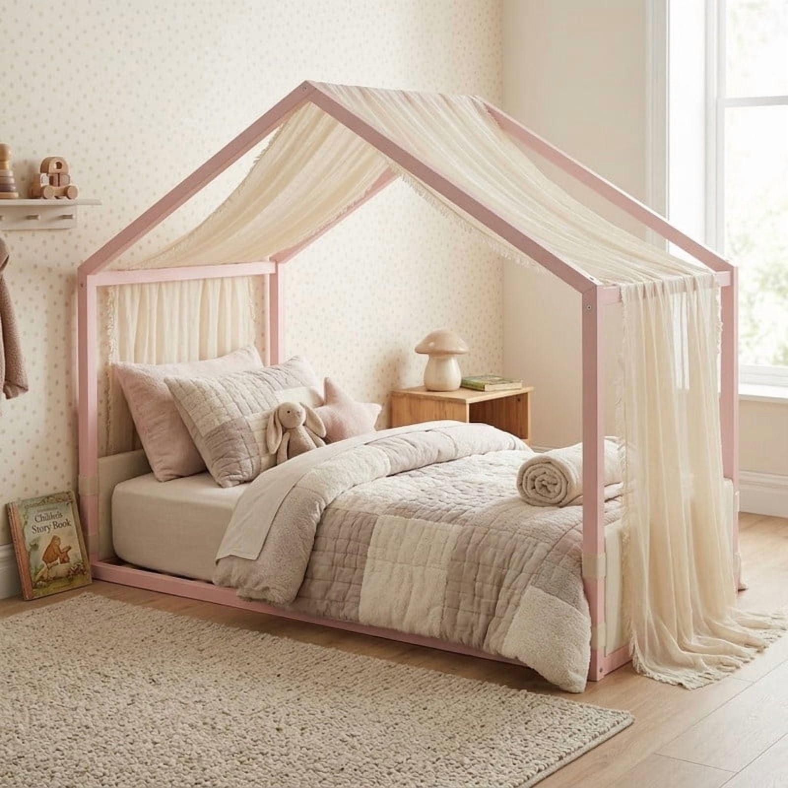 Twin Size Canopy Bed with Upholstered Velvet Side Panels and Breathable Gauze Canopy, Soft-Padded Platform Bed Floor Bed Kids Montessori Bed for Bedroom