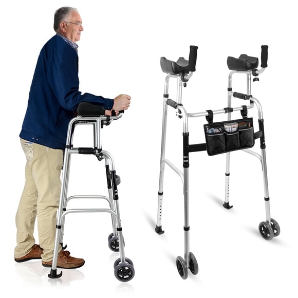 Andador plegable de pie con reposabrazos - Andador de aluminio de doble rueda con altura ajustable, andador estándar para personas mayores, andador de plataforma con reposabrazos, andador vertical de