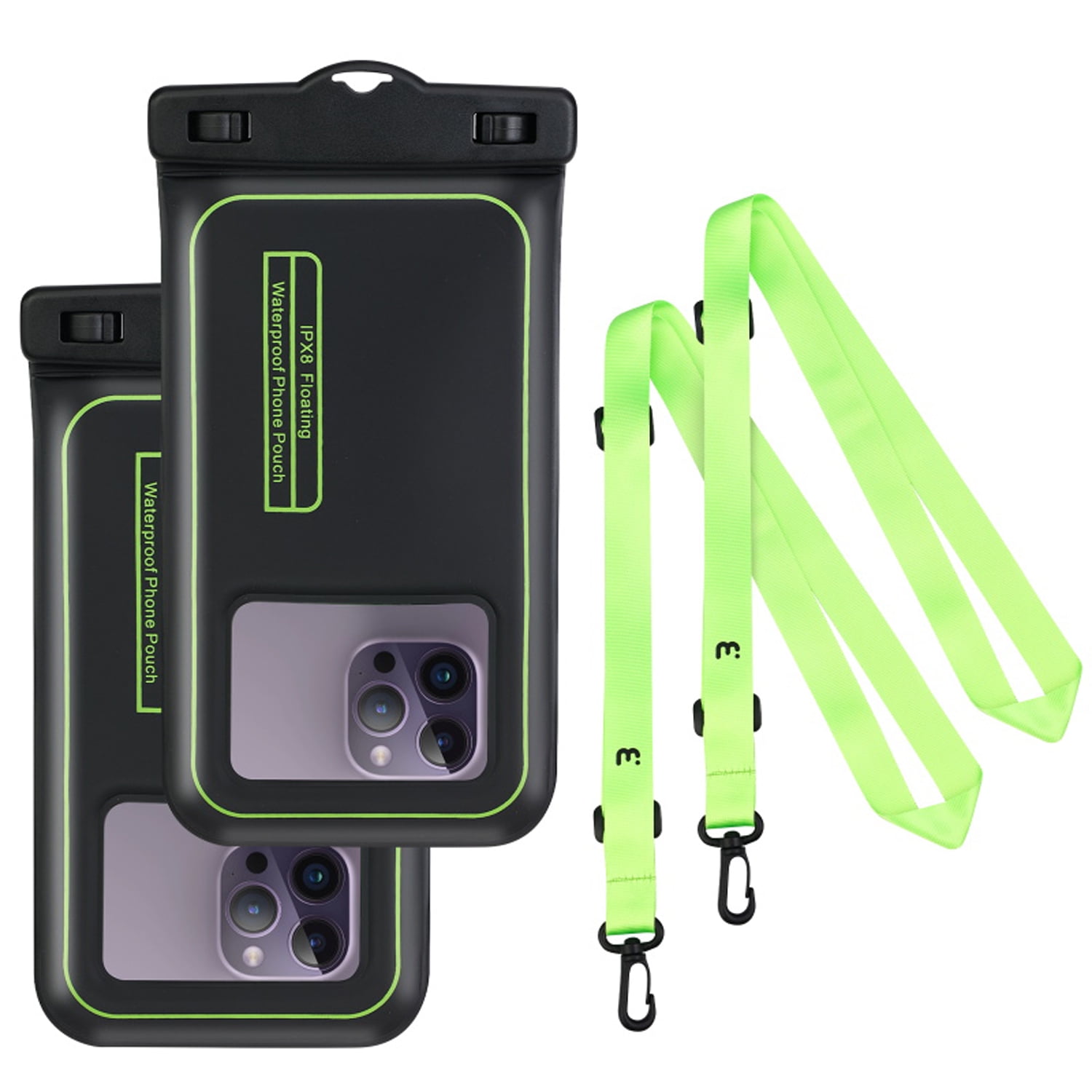 Blue Block Factory 2-Pack Universal Floating Waterproof Phone Pouches – IPX8 Certified Touchscreen Friendly Lanyard Included – Fits Most Smartphones (Black)
