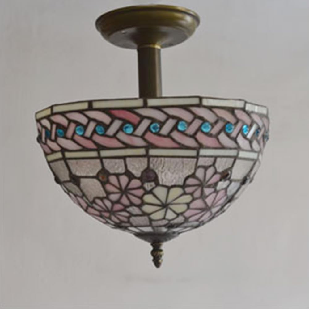 Kiven 11.8in Flush Mount Ceiling Light Fixture Dimmable, 2-Light Anti Glare Close to Ceiling Light with 15FT Plug-in Cord, Tiffany-Style Glass Chandelier for Bedroom Kitchen Hallway(No.3191)
