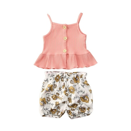 

Canrulo Toddler Baby Girl Summer Clothes Ruffle Knitted Halter Crop Tops Floral Short Pants Outfits White Pink 2-3 Years