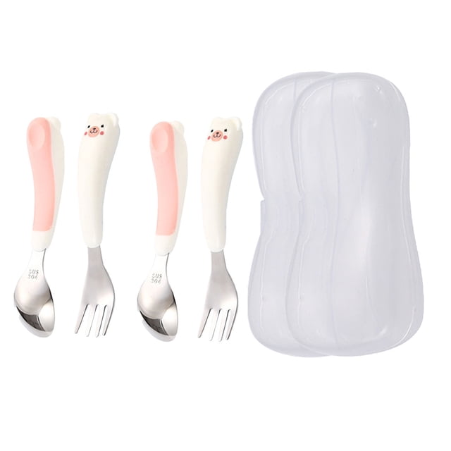 Hukapapa - Juego de 4 cucharas y tenedores portátiles de acero inoxidable de grado alimenticio 304 para niños con diseño de oso lindo